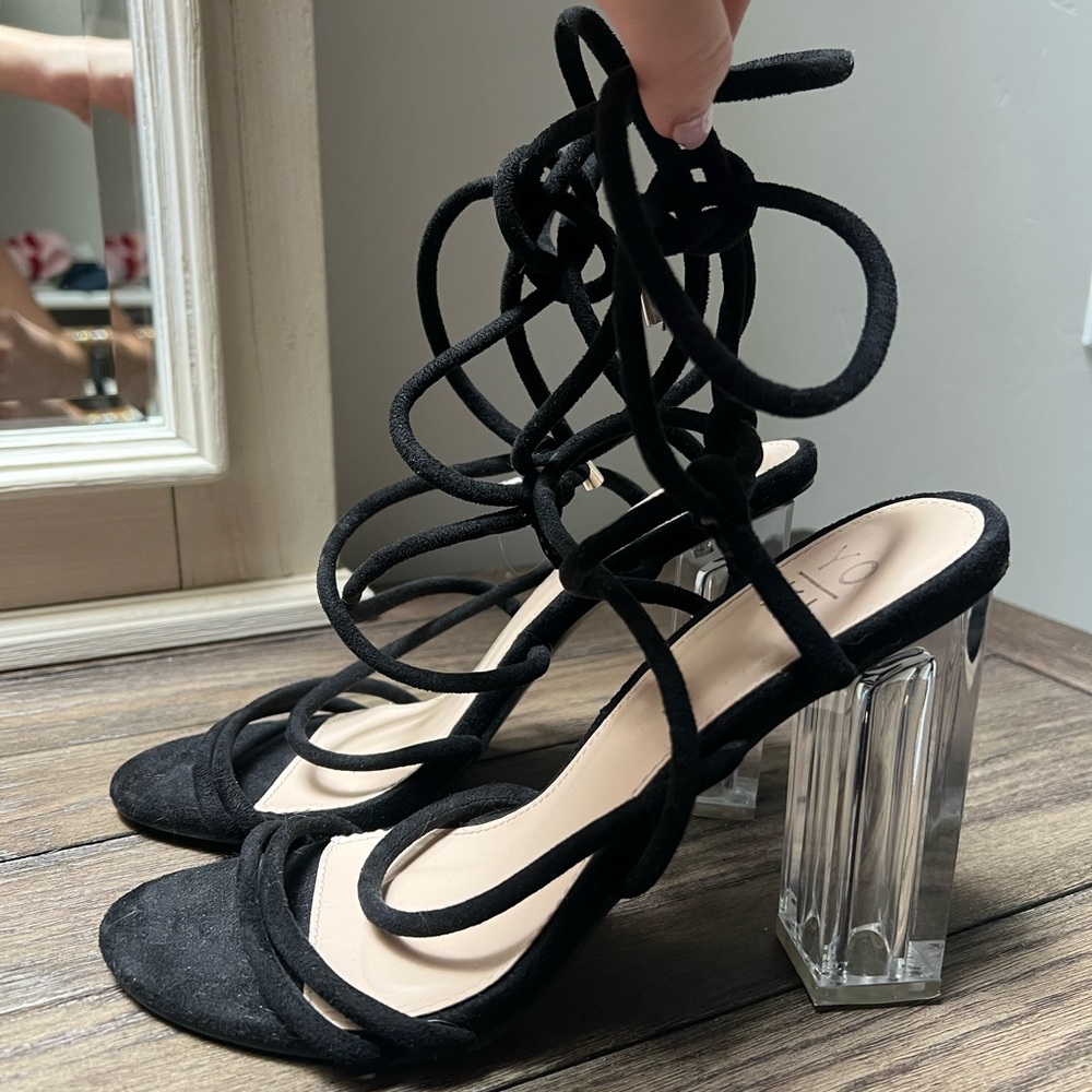 Yoki Black Strappy Heels with Clear Block Heel